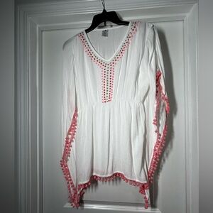 Snapper Rock White and Pink Girls Coverup with Pom Pom Details